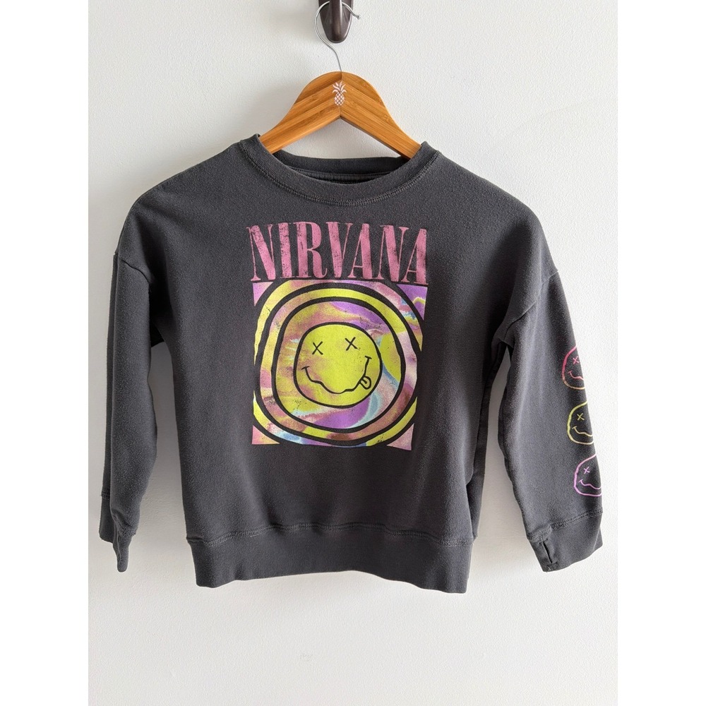 Abercrombie Kids Nirvana Smiley Face Graphic Sweatshirt Black Gray Size 7/8